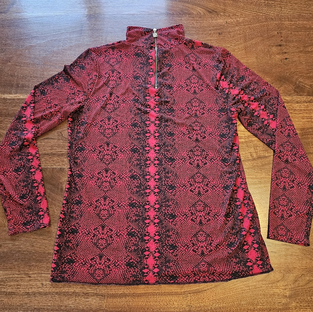 Anne Klein Shirt Womens Red Black Mock Neck Snakeskin Print Top Quarter Zip